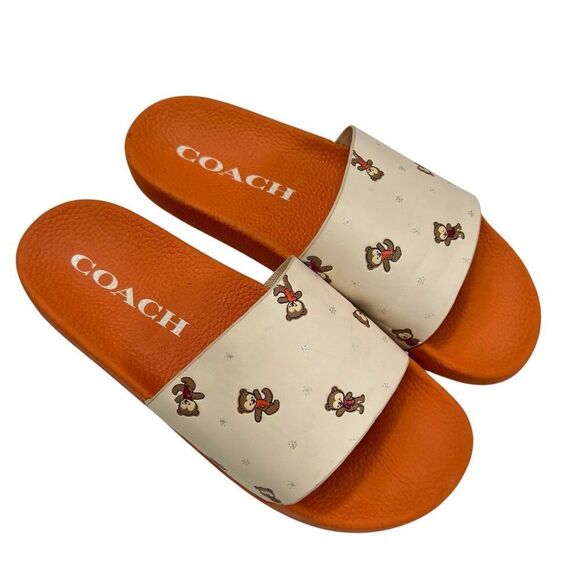 Coach Teddy Bear Udele Pool Slide Sandals Orange/Beige Size 9B - Picture 1 of 8